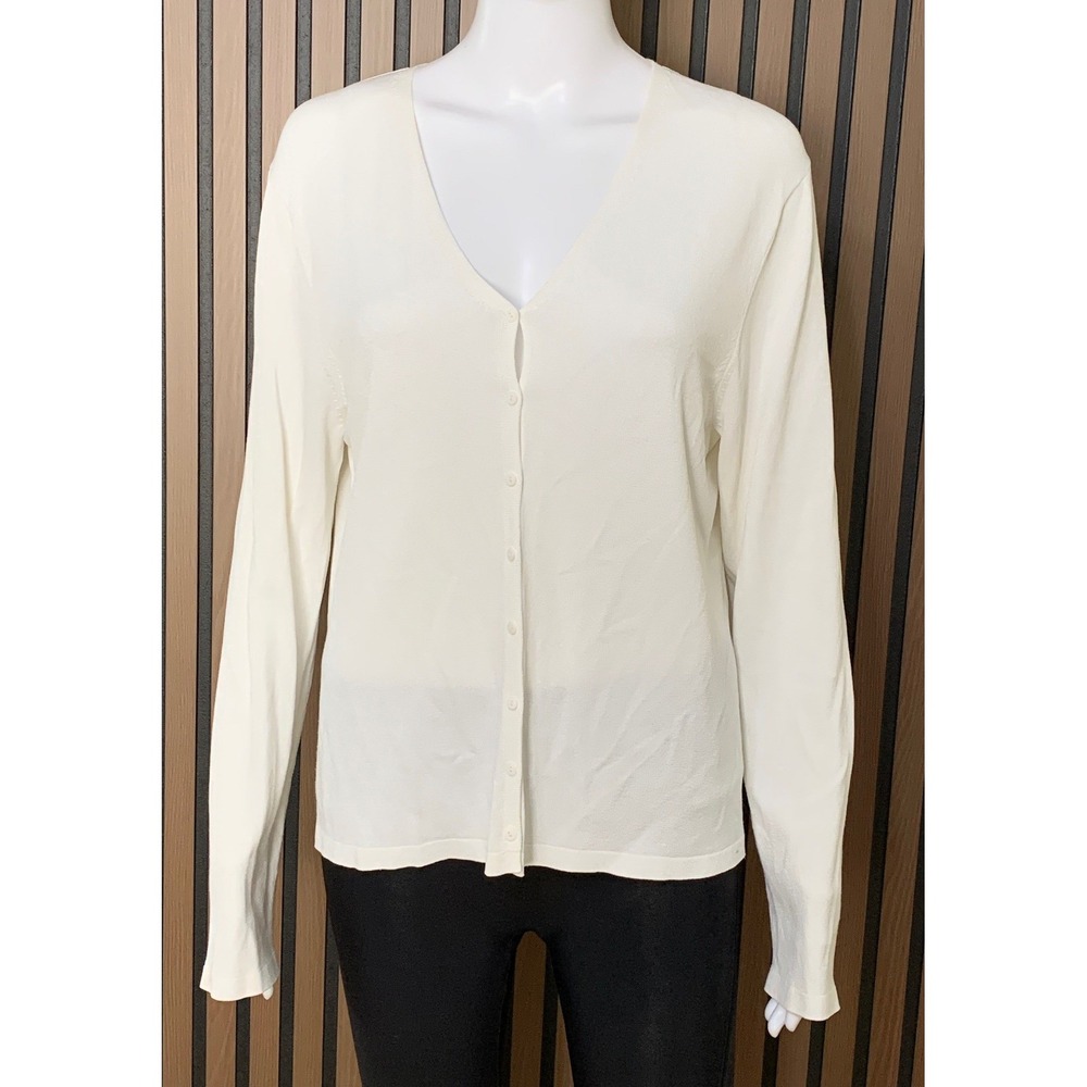 Eileen Fisher White V-Neck Button Front Cardigan Italian Yarn Viscose Blend L